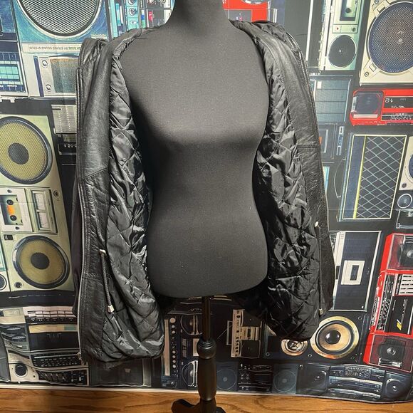 BLUELINE & COMPANY Vintage Black Leather Short Trench Jacket Hooded Women Small - Picture 6 of 16